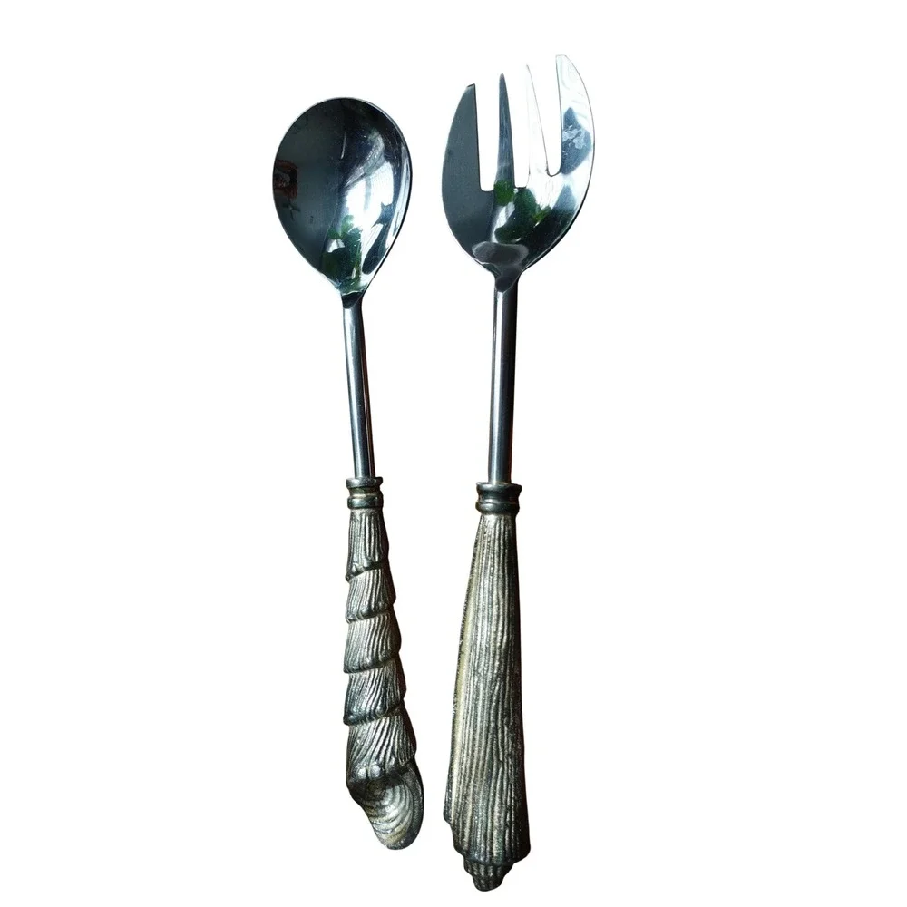 Vintage Seashell Salad‎ Serving Spoon and Fork Set Silver 13 Inch